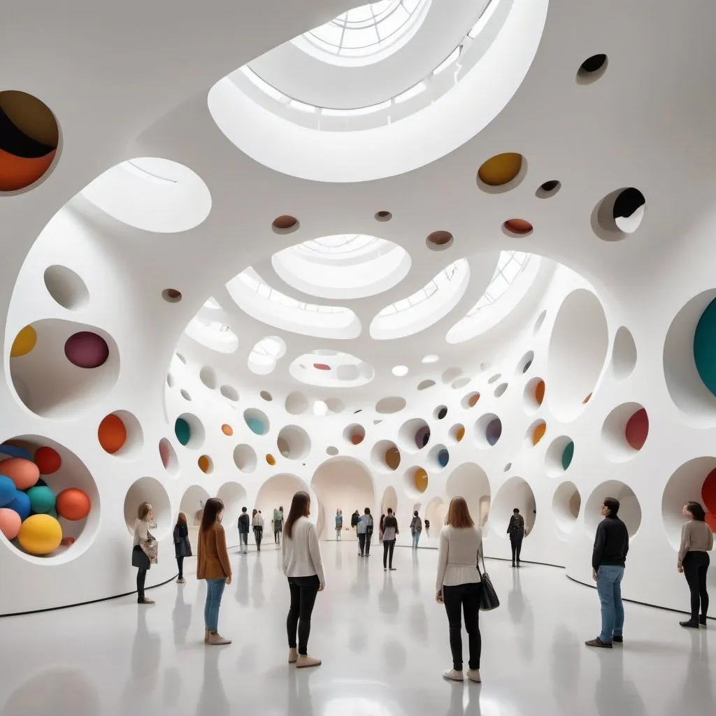 Prompt: Abstract clean white museum space. Interior is made up of hollow spheres. All walls curve upwards into ceilings.

The space is populated with human figures that are composed of colorful abstract shapes lines and colors.

