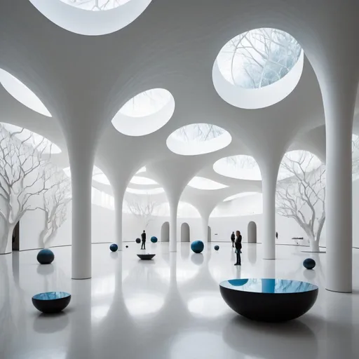 Prompt: Abstract clean white museum space. Patches of trees and blue water cut through the architecture. this expansive large space Interior is made up of hollow spheres. All walls curve upwards into ceilings. The space is populated with human figures on pedestals.