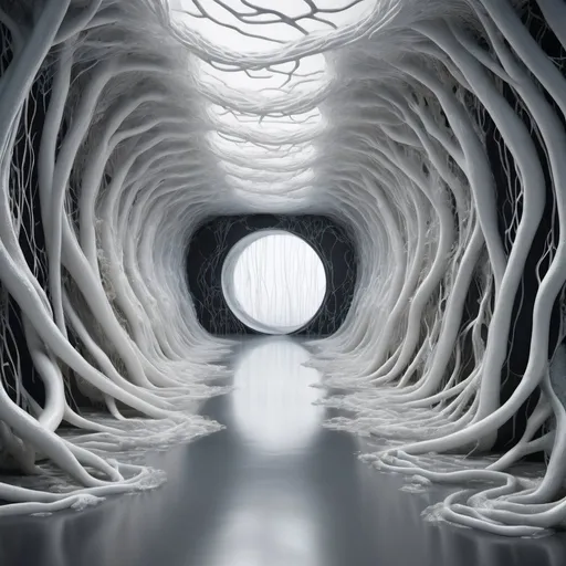 Prompt: Hyperrealistic tunnel that is build out of intertwining, flowing mycelia networks. Hundreds of organically flowing lines of white, wet, translucent fungal strands. This texture of funal strands covers both the walls and the floor. The fungal networked lines form patterns like heightlines on a map. CG art hyper realistic. 
Scene is dark and moody. The scene is only lit by a glowing humanlike figure that shines from within and illuminates the walls and floors.