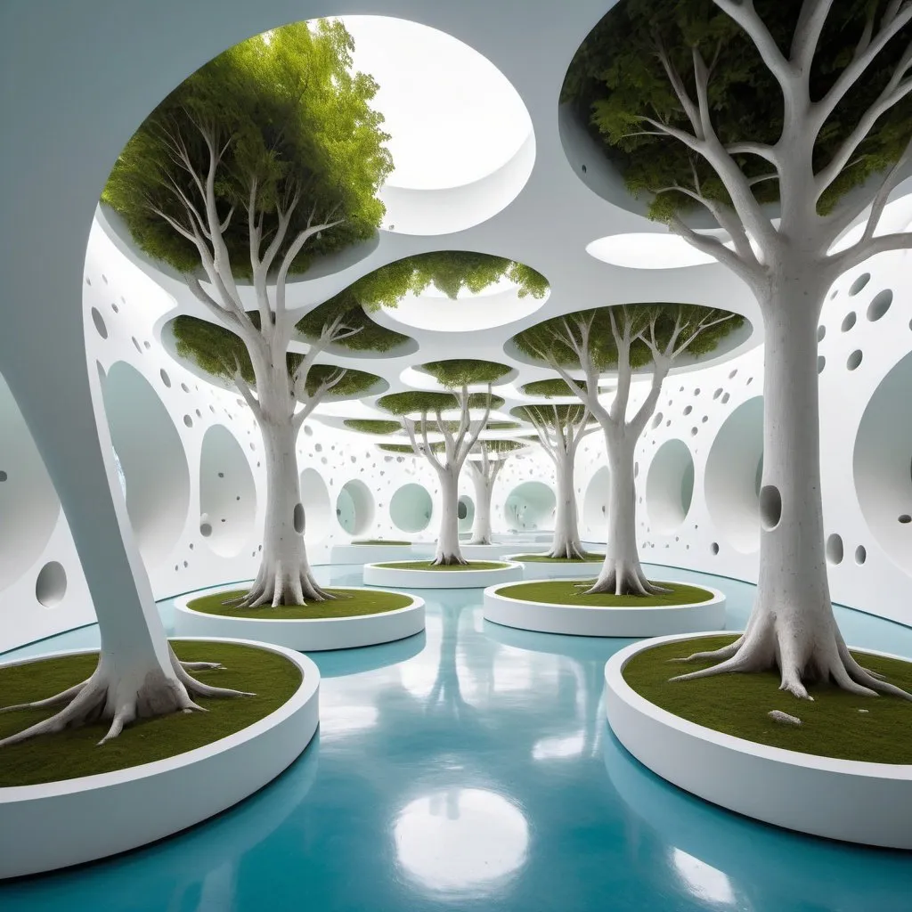 Prompt: Abstract clean white museum space. Interior is made up of hollow spheres. All walls curve upwards into ceilings. The space is populated with humanshaped white shapes on pedestal. 
Trees with green leaves peek through the holes. blue water is visible through holes in the floor