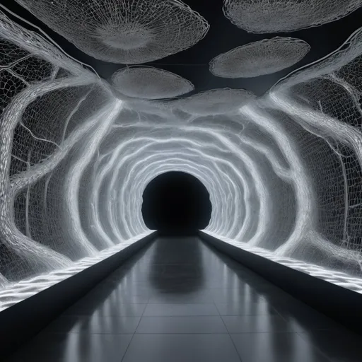 Prompt: Hyperrealistic tunnel with is build out of intertwining, flowing mycelia networks. 
Millions of interloping lines and strands of white, wet translucent fungal strands. Both walls and floors are made of this. The fungal networked lines form patterns in their undulation, like heightlines on a map. CG art hyper realistic. Scene is dark and moody, and only partly lit by a thin human figure that emits lights unto the flowing, organically formed tunnel walls
