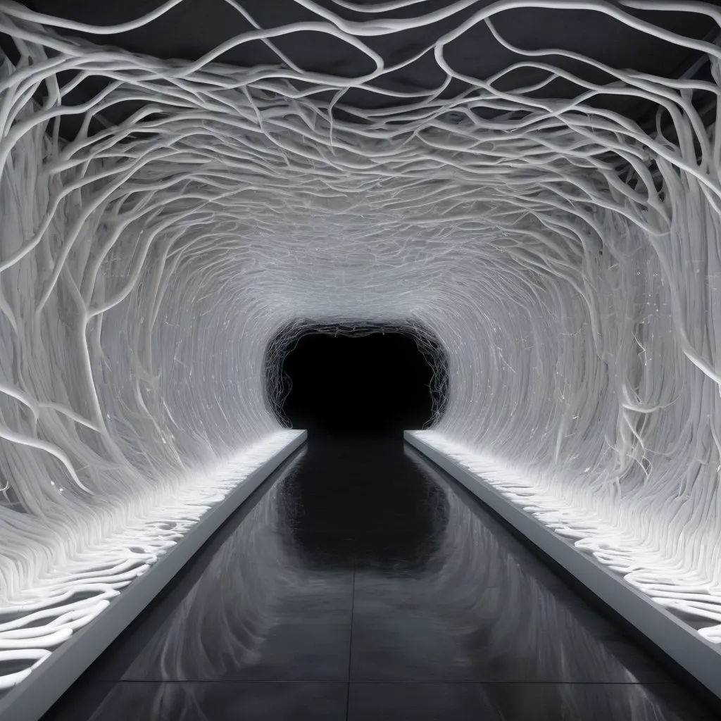 Prompt: Hyperrealistic tunnel that is build out of intertwining, flowing mycelia networks. Hundreds of organically flowing lines of white, wet, translucent fungal strands. This texture of funal strands covers both the walls and the floor. The fungal networked lines form patterns like heightlines on a map. CG art hyper realistic. 
Scene is dark and moody. The scene is only lit by a glowing humanlike figure that shines from within and illuminates the walls and floors.