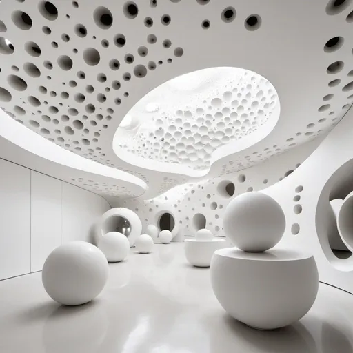 Prompt: abstract clean white museum space. Interior is made up of hollow spheres. All walls curve upwards into ceilings.

various patches of water cut through the space