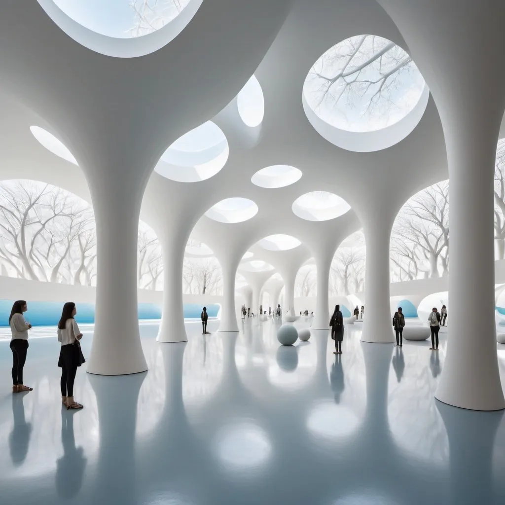 Prompt: Abstract clean white museum space. Patches of trees and blue water cut through the architecture. this expansive large space Interior is made up of hollow spheres. All walls curve upwards into ceilings. The space is populated with human figures on pedestals.