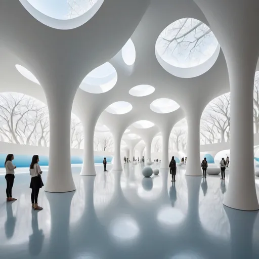 Prompt: Abstract clean white museum space. Patches of trees and blue water cut through the architecture. this expansive large space Interior is made up of hollow spheres. All walls curve upwards into ceilings. The space is populated with human figures on pedestals.