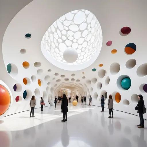 Prompt: Abstract clean white museum space. Interior is made up of hollow spheres. All walls curve upwards into ceilings.

The space is populated with human figures that are composed of colorful abstract shapes lines and colors.

