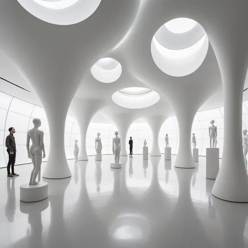 Prompt: Abstract clean white museum space. Interior is made up of hollow spheres. All walls curve upwards into ceilings.

The space is populated with pedestals. Some pedestals are empty. On other pedestals androgynous human figures stand. The human shaped figures transparant like glass or smoke. Inside the human figures abstract colorful lines and shapes flow through the entire bodies.
