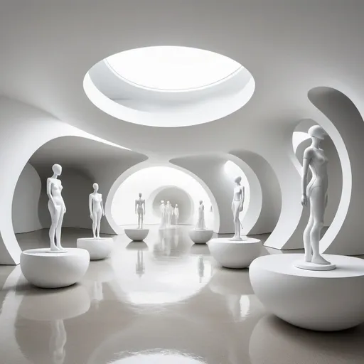 Prompt: Abstract clean white museum space. Interior is made up of hollow spheres. All walls curve upwards into ceilings. through the space waves a line of  mannequins on pedestal. Water flows through the space in curved ways.