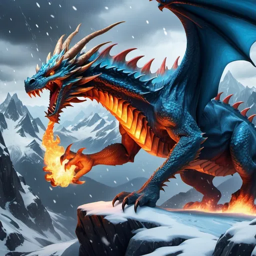 Prompt: A fire dragon with azure skin spiting fire from the sky on to a a mountains land of raining snow ice