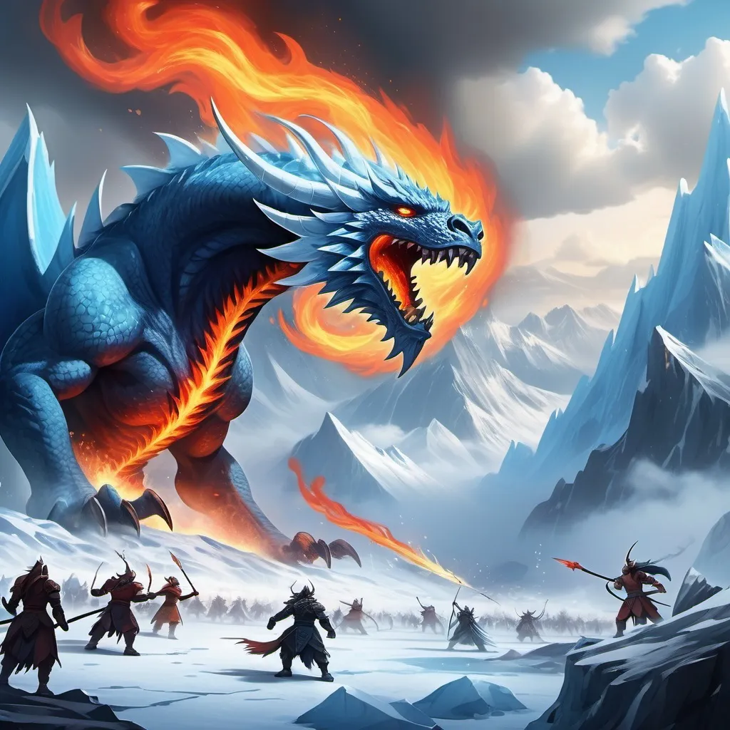 Prompt: A war between the fire and ice tribe on a mountainous land of ice which is being inveded by the fire tribe with azure fire dragons in the sky spiting fire while immortals from the ice and fire tribe battle on the ground