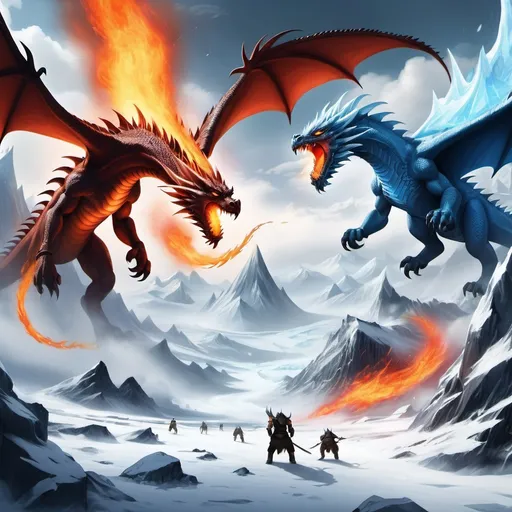 Prompt: A war between the fire and ice tribe on a mountainous land of ice which is being inveded by the fire tribe with azure fire dragons in the sky spiting fire while immortals from the ice and fire tribe battle on the ground