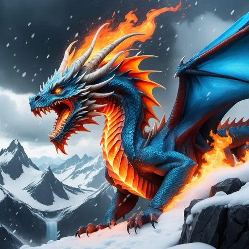 Prompt: A fire dragon with azure skin spiting fire from the sky on to a a mountains land of raining snow ice