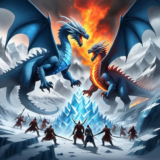 Prompt: A war between the fire and ice tribe on a mountainous land of ice which is being inveded by the fire tribe with azure fire dragons in the sky spiting fire while immortals from the ice and fire tribe battle on the ground