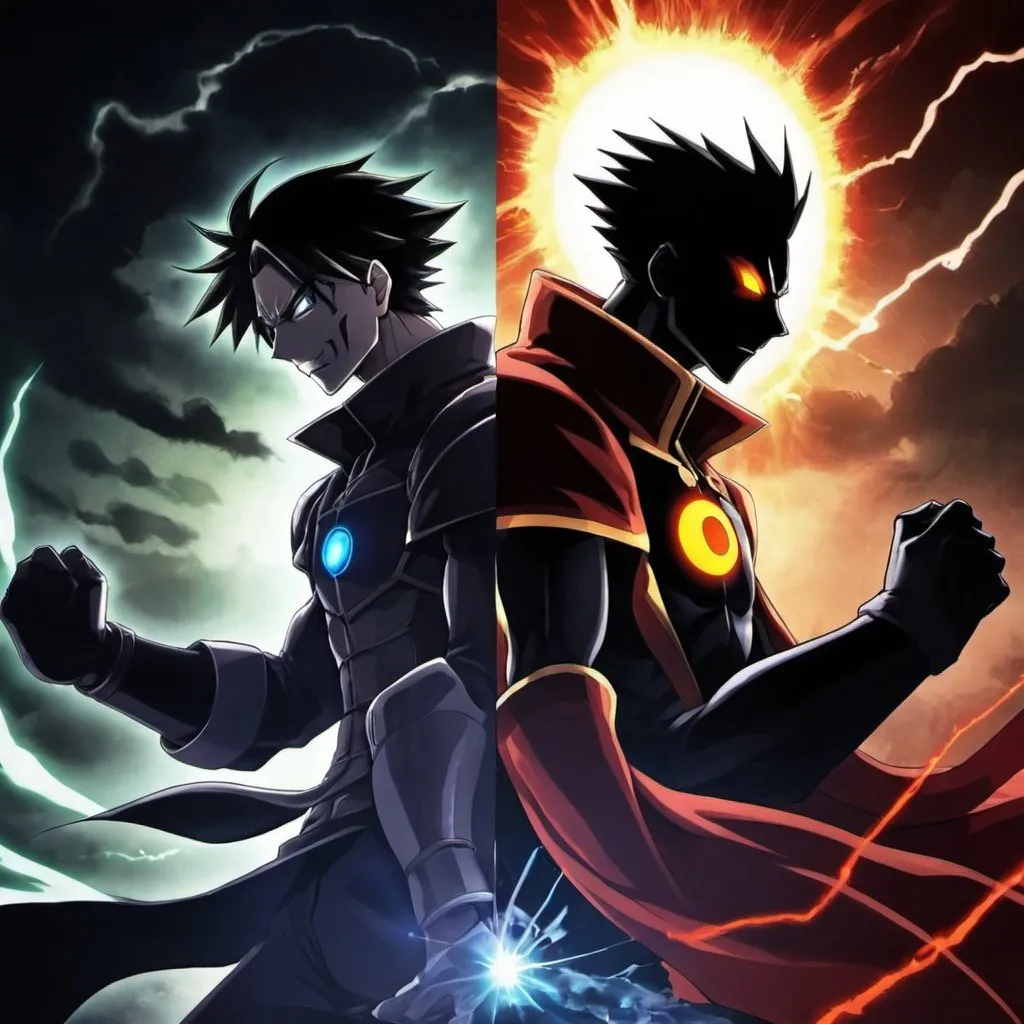 Prompt: Create a  poster for my anime which has the hero and villian where hero have power of shadow and villain have power of light