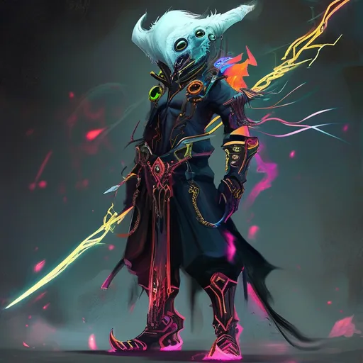 Prompt: A Full Body Concept Character  Design, Neon ShaoDaowPunk style Anargy Elementalist from the LoreDark clan in Wrath form