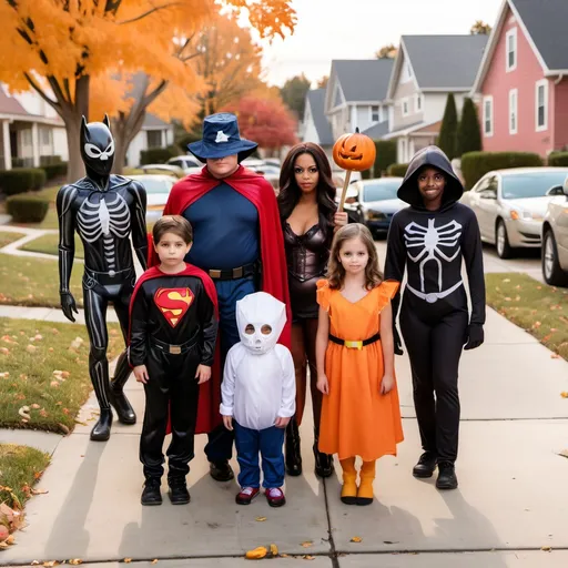 Prompt: Trick-or-Treaters in Costumes of various TV Show Characters in a Neighborhood