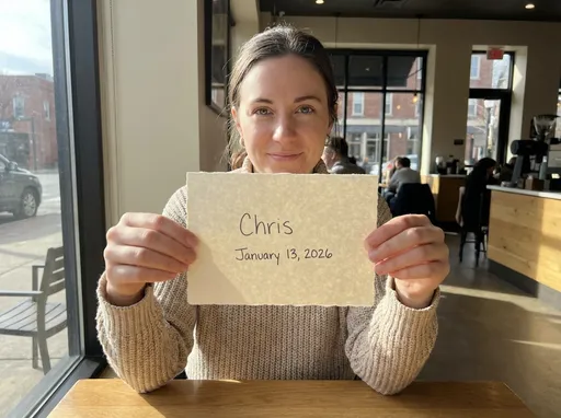 Prompt: She should hold a paper with Chris written on it and a date January 13 2026
