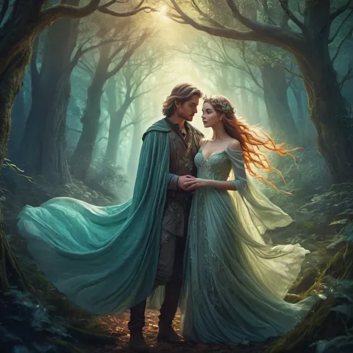 Prompt: Fantasy illustration of a beautiful couple, mystical forest setting, ethereal lighting, flowing garments, intricate details, magical atmosphere, high quality, fantasy, enchanting, mystical, detailed characters, romantic, vibrant colors, soft lighting