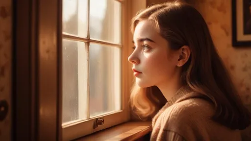 Prompt: Girl looking out window, vintage room, retro aesthetic, detailed facial features, warm lighting, high quality, vintage style, cozy atmosphere