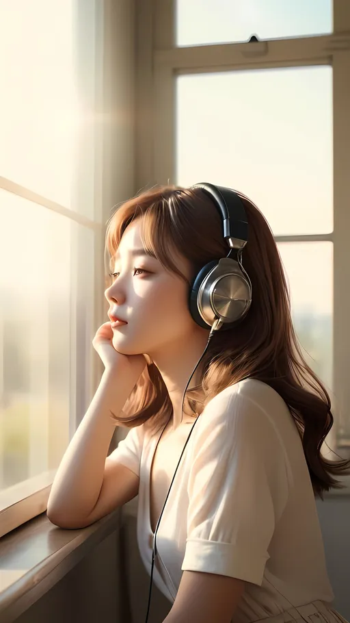 Prompt: Photorealistic illustration of a contemplative K-pop girl with a vintage headset, bathed in natural sunlight in a large room, looking out of a window, peaceful and dreamy expression, high quality, photorealism, K-pop style, vintage, contemplative mood, peaceful atmosphere, natural lighting, large room, detailed facial expression, vintage headset, bright sunshine, serene, happy, thoughtful gaze, 