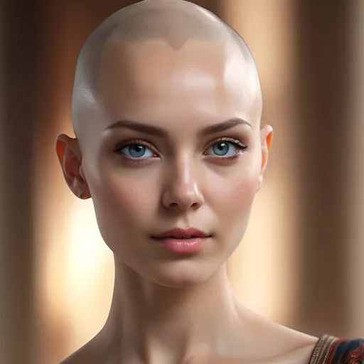 Prompt: (realism portrait), breathtakingly beautiful woman, striking features, graceful expression, bald head,  head and upper body, vibrant eyes, detailed skin texture, soft lighting highlighting her beauty, elegant attire, subtle background blur to enhance focus, (ArtStation quality), captivating ambiance, highly detailed, 8K resolution, dramatic yet natural coloration.