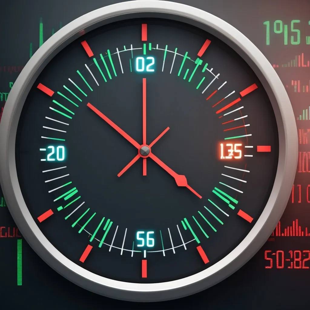 Prompt: a clock with trading indicators, showcasing speed as a key theme.