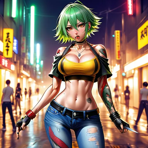 Prompt: Hikage from Senran Kagura, holds and throws small knives, medium lenght green hair, ripped blue low-rise jeans pants, unbuckled unbuttoned pants, red snake patch on thigh. off-shoulder yellow crop top with black stripes intercepting at various angles depicting a snake. small tribal tattoo on her waist and abs, serious face, protruded tongue, amber eye color, thin short necklaces, action scene, black leather constricts cover her forearms, full body character portrait, anime style, smooth lighting