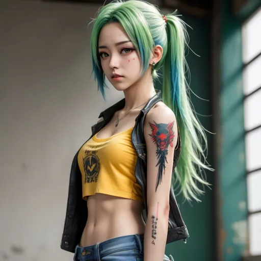 Prompt: Hikage holds and throws small knives, knives flying away from her, medium length green hair, ripped blue low-rise jeans pants, unbuckled unbuttoned pants, patch of red snake sewn-on. torn off-shoulder yellow crop top with black stripes. small tribal snake tattoos on her waist and abs, concentrated face, protruded tongue, amber eyes, thin short necklaces, action scene, long black leather constricts cover her forearms, full body character portrait, anime style, smooth lighting, 