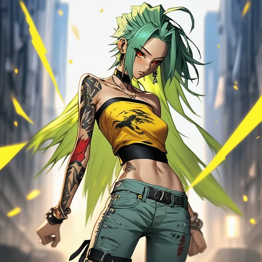 Prompt: Hikage holds and throws small knives, knives flying away from her, medium lenght green hair, ripped blue low-rise jeans pants, unbuckled unbuttoned pants, patch of red snake sewn-on. torn off-shoulder yellow crop top with black stripes. small tribal snake tattoos on her waist and abs, concentrated face, protruded tongue, amber eyes, thin short necklaces, action scene, long black leather constricts cover her forearms, full body character portrait, anime style, smooth lighting, 