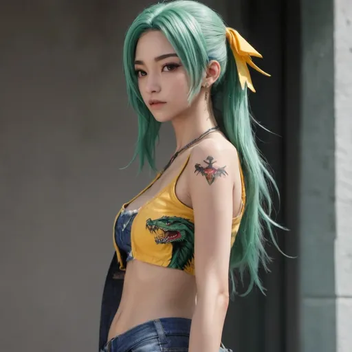 Prompt: Hikage holds and throws small knives, knives flying away from her, medium length green hair, ripped blue low-rise jeans pants, unbuckled unbuttoned pants, patch of red snake sewn-on. torn off-shoulder yellow crop top with black stripes. small tribal snake tattoos on her waist and abs, concentrated face, protruded tongue, amber eyes, thin short necklaces, action scene, long black leather constricts cover her forearms, full body character portrait, anime style, smooth lighting, 