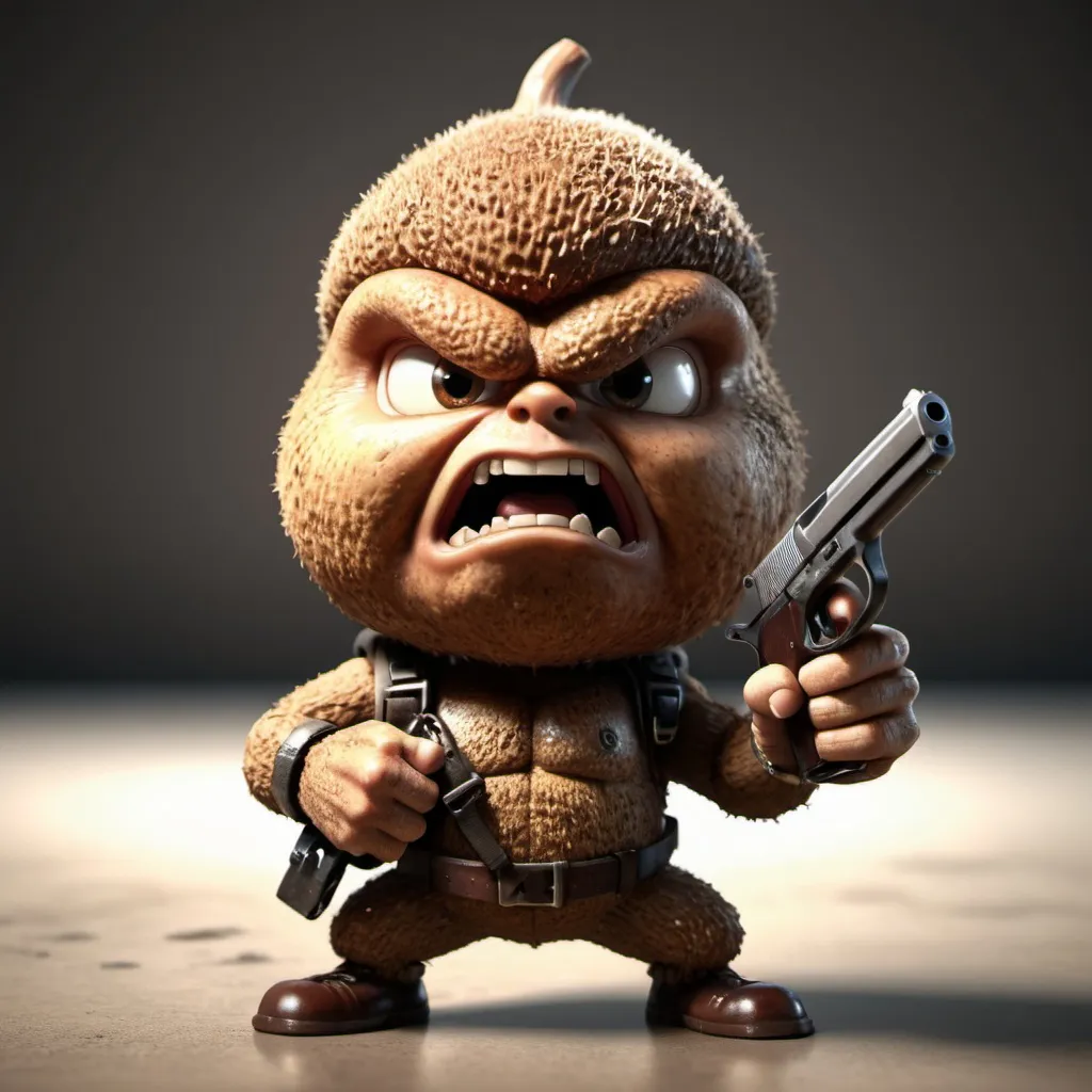 Prompt: Angry acorn version of a criminal handcuffed holding a gun, 3D rendering, intense expression, action hero pose, gritty texture, high quality, detailed, action movie, intense lighting, angry acorn, John McClane, Die Hard, 3D rendering, intense, gritty, high quality, action hero, intense lighting