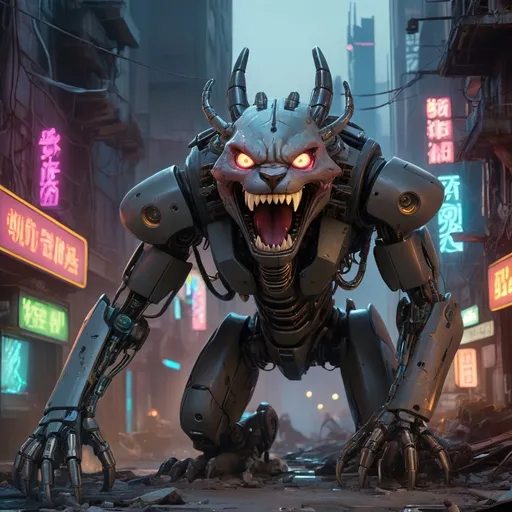 Prompt: The image depicts a giant, monstrous robotic creature with a biomechanical or cyberpunk aesthetic. This creature is shown in a ruined, futuristic city, which is lit by neon signs. The creature has glowing blades on its hands and is surrounded by smaller, panther-like robotic creatures. The scene is described as a battle or chaotic warzone. The artistic style is often associated with cyberpunk and sci-fi themes. Some sources refer to similar art as being "dystopian". The creature itself has a wide, toothed grin and glowing eyes.
