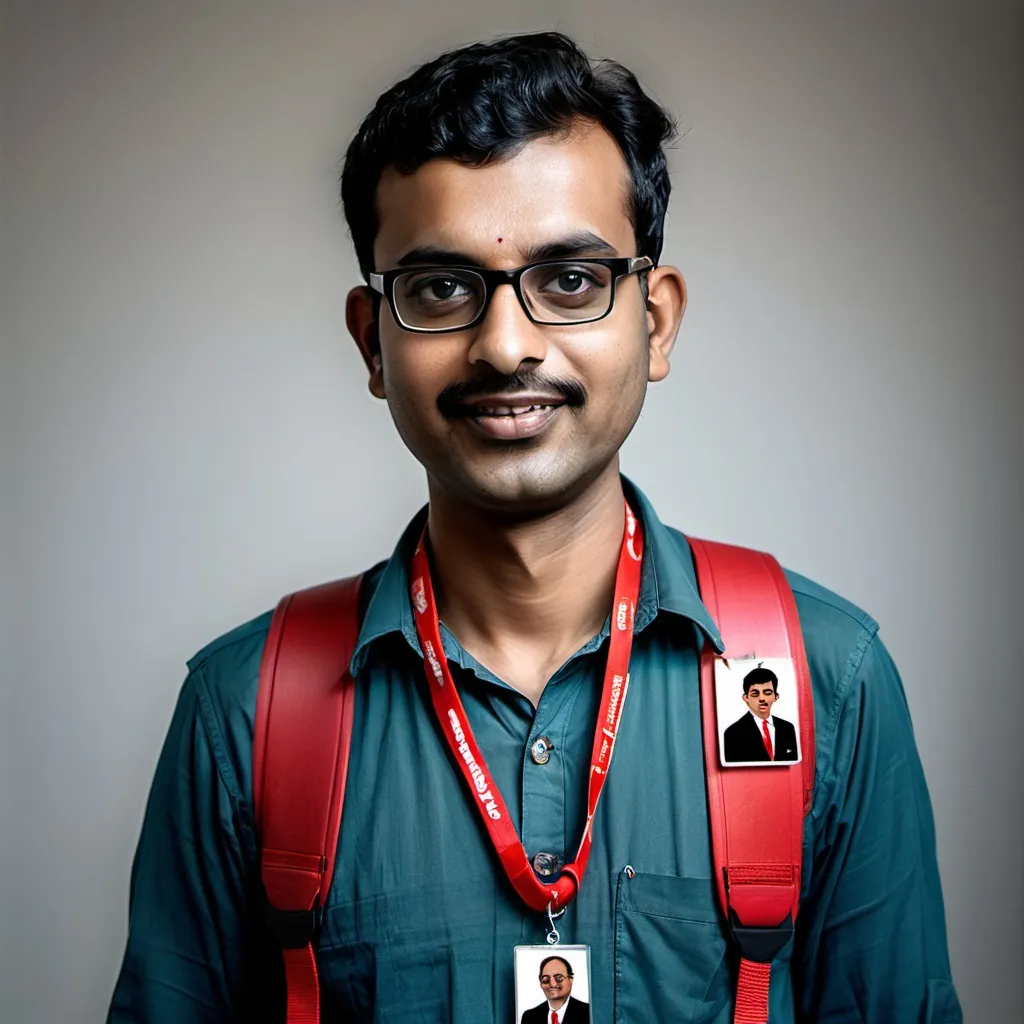 Prompt: a man wearing a lanyard with a picture of a man on it's back and a lanyard with a red lanyard around his neck, Bikash Bhattacharjee, bengal school of art, professional photo, a character portrait