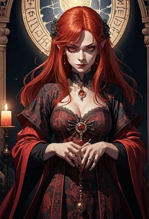 Prompt: tarot card Anime illustration, a red-haired vampire woman, detailed ornate cloth robe, dramatic lighting
