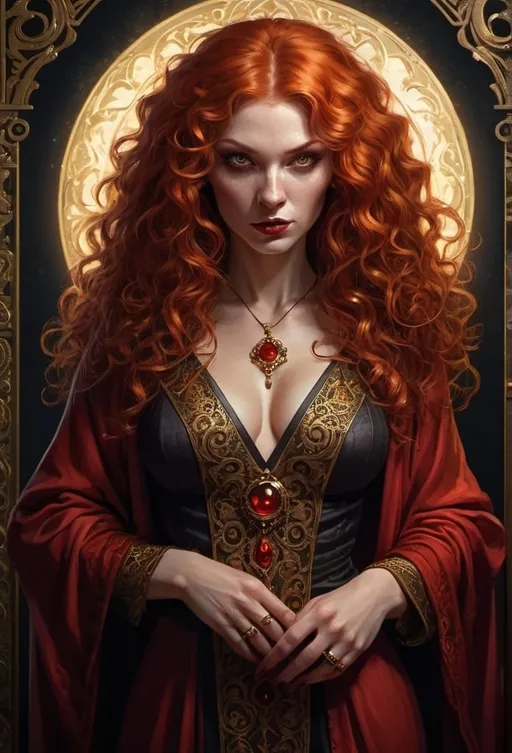 Prompt: tarot card fantasy illustration, a curly red-haired vampiric woman, gold detailed ornate cloth robe, dramatic lighting