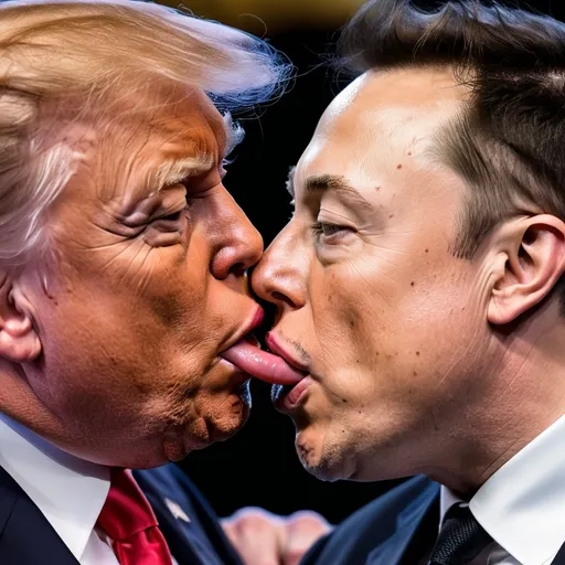 Prompt: Elon Musk is passionately French kissing Donald Trump. He is sticking his tongue deep in Donald Trump’s mouth.