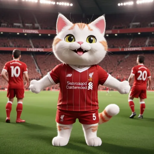 Prompt: (cute cat wearing Liverpool kit), standing confidently, in front of a lively crowd of excited fans, (enthusiastic atmosphere), vibrant red kit details, background filled with cheering supporters, warm lighting accentuating the scene, (4K ultra-detailed), showcasing team spirit and camaraderie during a memorable match day moment.