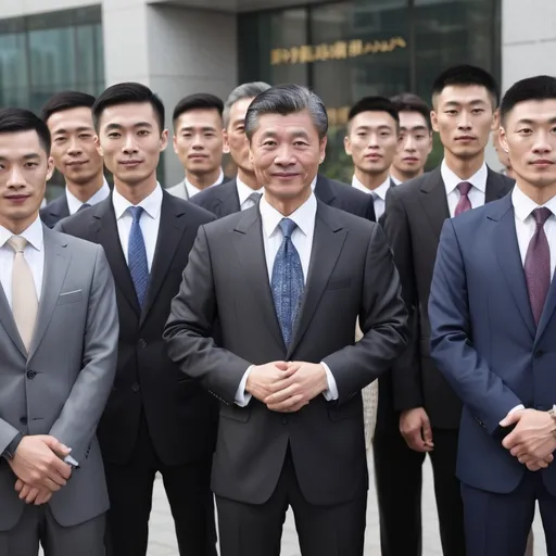 Prompt: a chinese man welcoming bunch of foreign business mans all in fancy suits and fancy places with clear faces