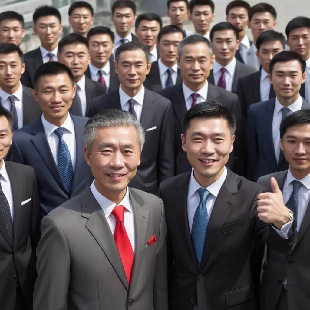 Prompt: a chinese man welcoming bunch of foreign business mans all in fancy suits and fancy places with clear faces