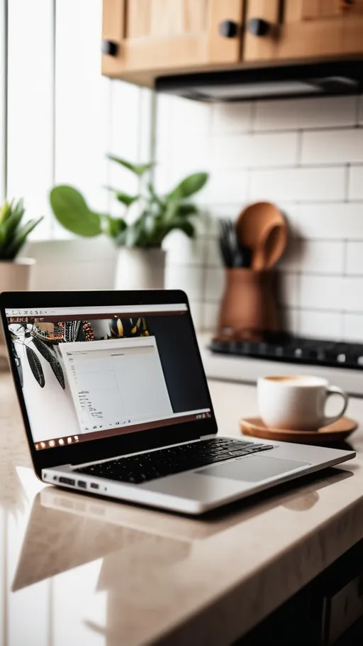 Prompt: -- s 250 a photo of a laptop on top of a countertop, white coffee mug with coffee that is away from the laptop,  kitchen background but is blurred out, soft
room lighting with boho feel, shot with a high resolution DLSR

camera --v 6.0