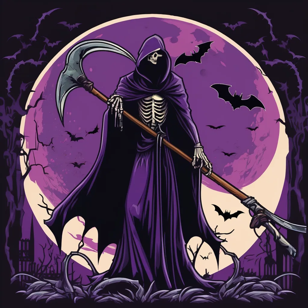 Prompt: a grim reaper holding a scythe in front of a full moon with bats and bats flying around it, Anne Stokes, gothic art, purple, pixel art