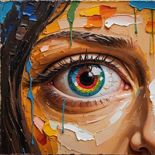 Prompt: Palette knife painting: the pupil of a human eye over the entire area of the painting, inside the eye is a picture of a Palestinian child crying.