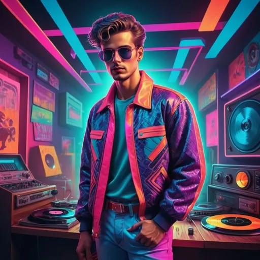 Prompt: 80s-style illustration of a guy standing, vibrant retro colors, neon lights, retro futuristic setting, vinyl record in the background, detailed clothing with vibrant patterns, nostalgic atmosphere, album cover quality, retro, vibrant colors, neon lights, detailed clothing, nostalgic, retro-futuristic, album cover, vivid, vibrant, atmospheric lighting