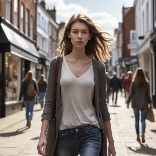 Prompt: Tall young woman walking down the high street, detailed clothing, realistic, natural lighting