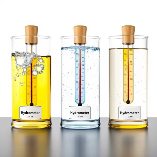 Prompt: An image of a hydrometer floating in three separate transparent containers filled with different liquids. The first container holds clear water (freshwater), the second holds salty water (saltwater), and the third holds oil. The hydrometer sinks the most in the oil, floats higher in the saltwater, and floats the least in the freshwater. The liquids have clear labels, and the hydrometer is visible in all three containers with varying levels of immersion based on the density of each liquid