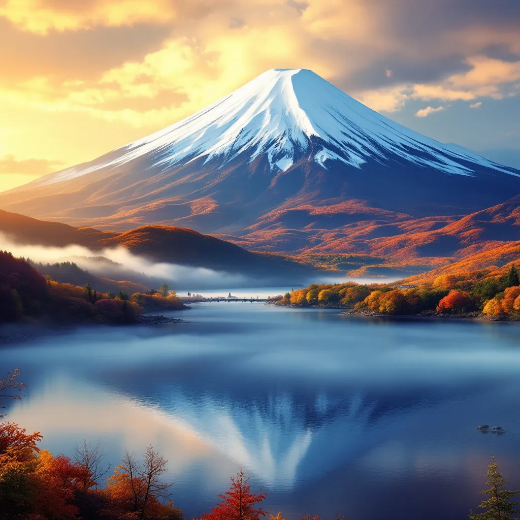 Prompt: creative a graphic of the mountain. fuji in Japan with beautiful Japanese colors