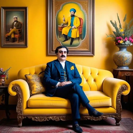 Prompt: (qajar art) a man sitting on a (vibrant yellow couch) in a cozy living room, decorative (yellow chair) positioned behind, warm and inviting ambiance, soft natural lighting, detailed studio portrait, high quality, (HD) photo, rich textures, artistic composition, capturing the charm of modern surroundings with Qajar aesthetic influence.