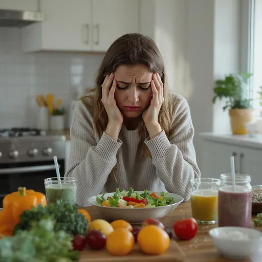 Prompt: A young woman in her early twenties sitting alone at a kitchen table, surrounded by healthy food like vegetables, smoothies, and seeds. She looks anxious and overwhelmed, staring intensely at a salad. Her face shows stress and emotional conflict. The room is bright but the mood is tense, symbolizing the obsession with healthy eating. Soft, realistic style.
