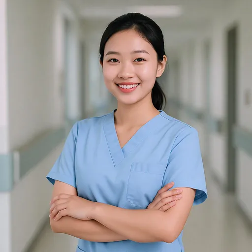 Prompt: A realistic, high-resolution image of a young Vietnamese female nurse, around 26 years old, standing confidently with arms crossed. She is wearing a clean, well-fitted light blue scrub uniform, and looking directly at the camera with a bright, warm smile. Her hair is neatly tied back, and she appears friendly, professional, and trustworthy. The background is a clean, modern hospital or clinic corridor with soft natural lighting and a slight blur to emphasize the subject. Photorealistic style, perfect for medical brochures, clinic websites, or healthcare promotion materials.
