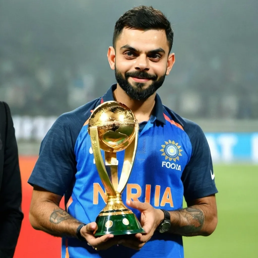 Prompt: Virat kohli with football world cup trophy